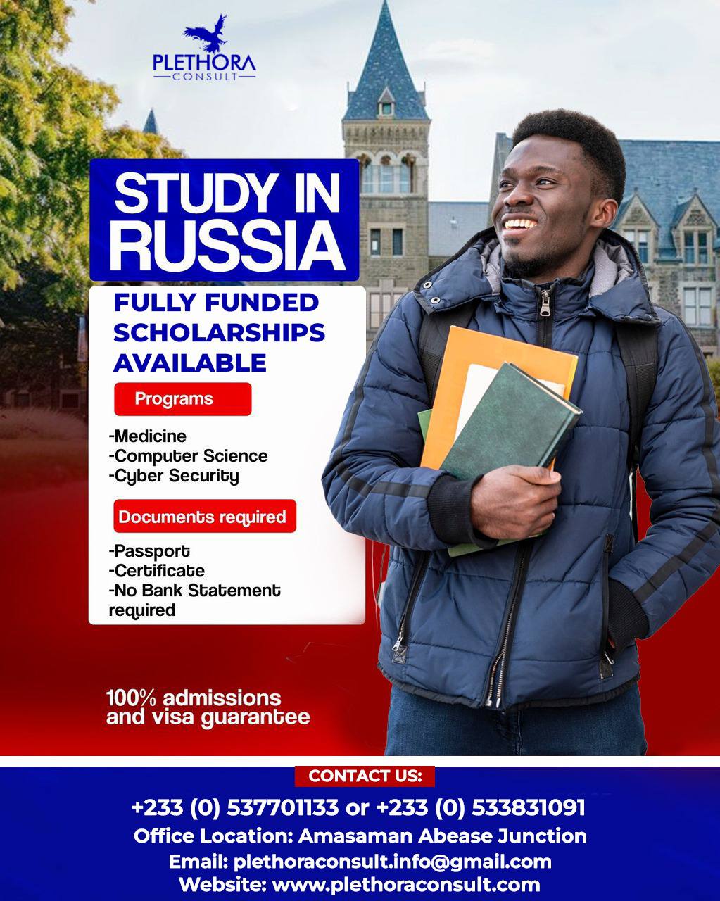 Smiling young African male student in a blue winter jacket holding books, standing in front of a historic university building. Promotional banner for Plethora Consult's fully funded scholarships to study in Russia, featuring programs in Medicine, Computer Science, and Cyber Security. Includes contact details and highlights 100% admission and visa guarantee.