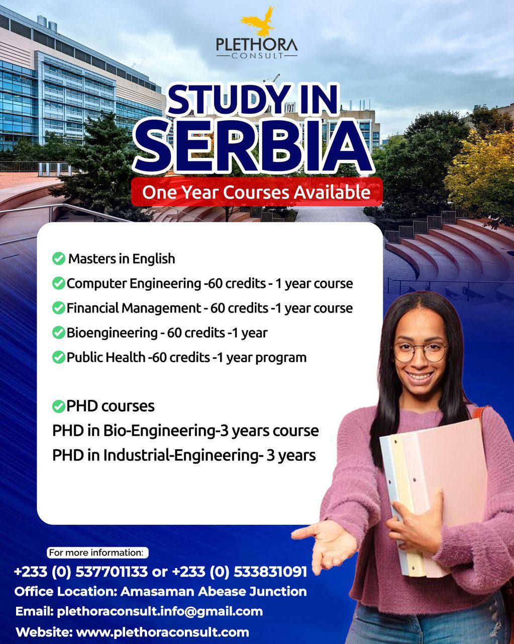 Smiling young female student in a pink sweater holding folders, standing in front of a modern university building. Promotional banner for Plethora Consult’s one-year and PhD courses in Serbia, highlighting programs in Computer Engineering, Financial Management, Bioengineering, and Public Health.