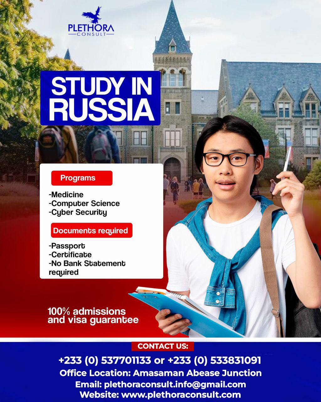 Young male student wearing glasses, a white t-shirt, and a blue sweater tied around his shoulders, holding a clipboard and pen. Behind him is a historic university building. Promotional banner for Plethora Consult’s fully funded scholarships to study in Russia, featuring programs in Medicine, Computer Science, and Cyber Security with guaranteed admission and visa approval.