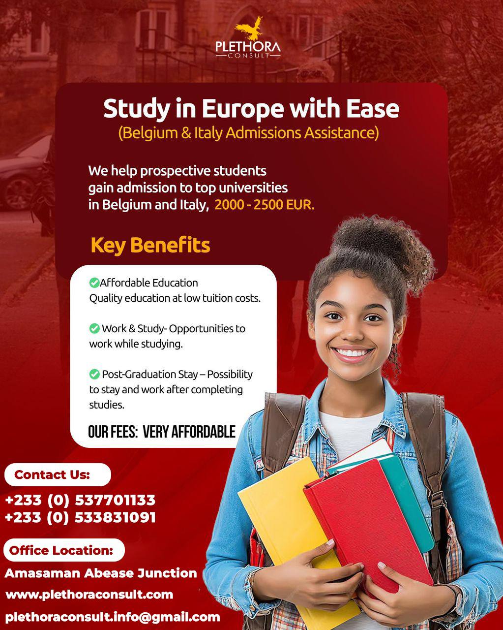 Plethora Consult promotional banner for studying in Belgium and Italy, featuring a smiling student with books, highlighting benefits like affordable tuition, work-study programs, and post-graduation opportunities.